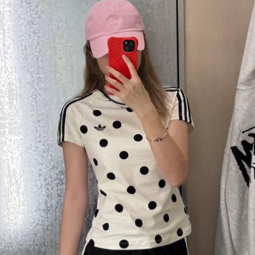 新品L⭐️adidas スリムフィット カリ 水玉 半袖 Tシャツ ホワイト× 黒