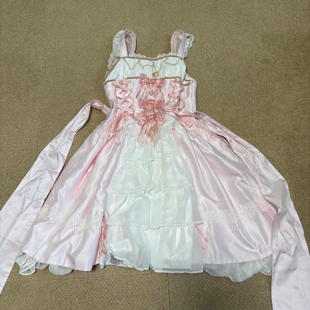 ミカエルの祝福ジャンパースカート　ピンク×オフ白　ヘッドドレス付