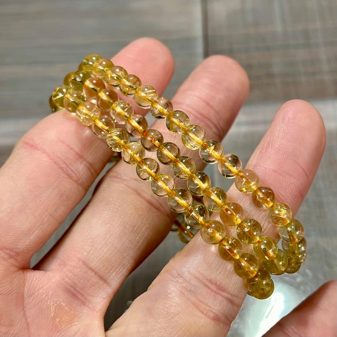 金運強　ルチルクォーツ 3連 ブレスレット ネックレス　透明感がいい　4