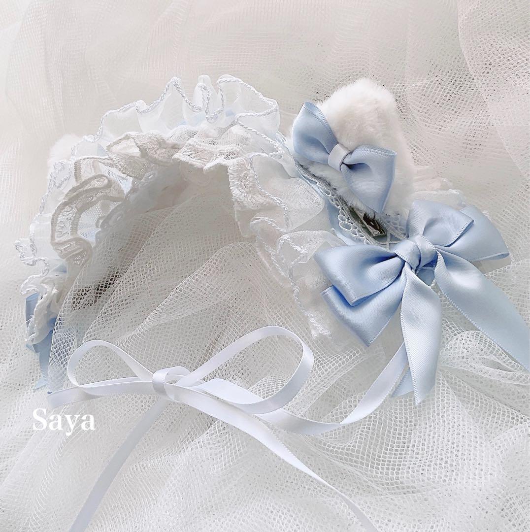 ♡3点　猫耳 フリルレースリボンヘッドドレス 3way light blue ♡