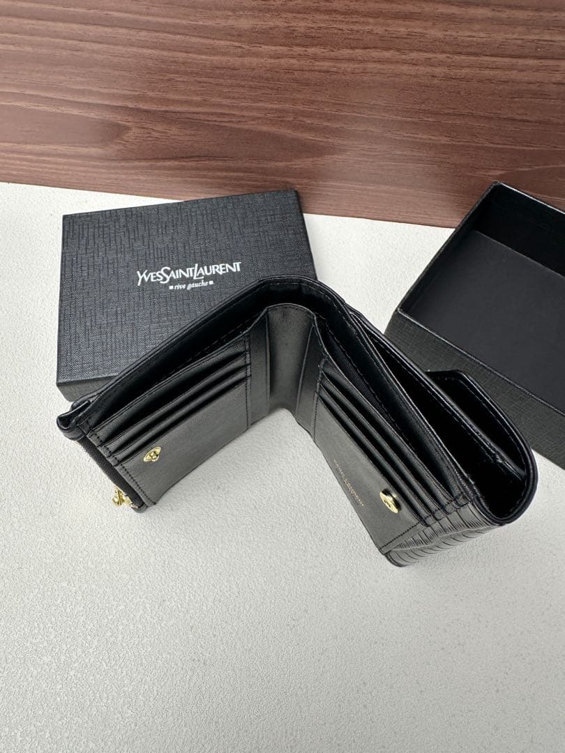 YSL サンローラン クロコ型押し 三つ折り財布 ブラック ゴールド金具