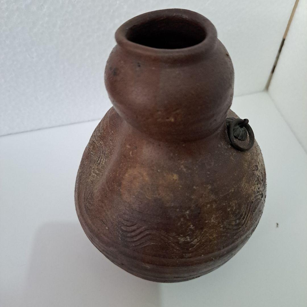 すずらん 桃山時代　古備前焼　花入 掛け用　瓢箪型　竹へら波図　茶道具