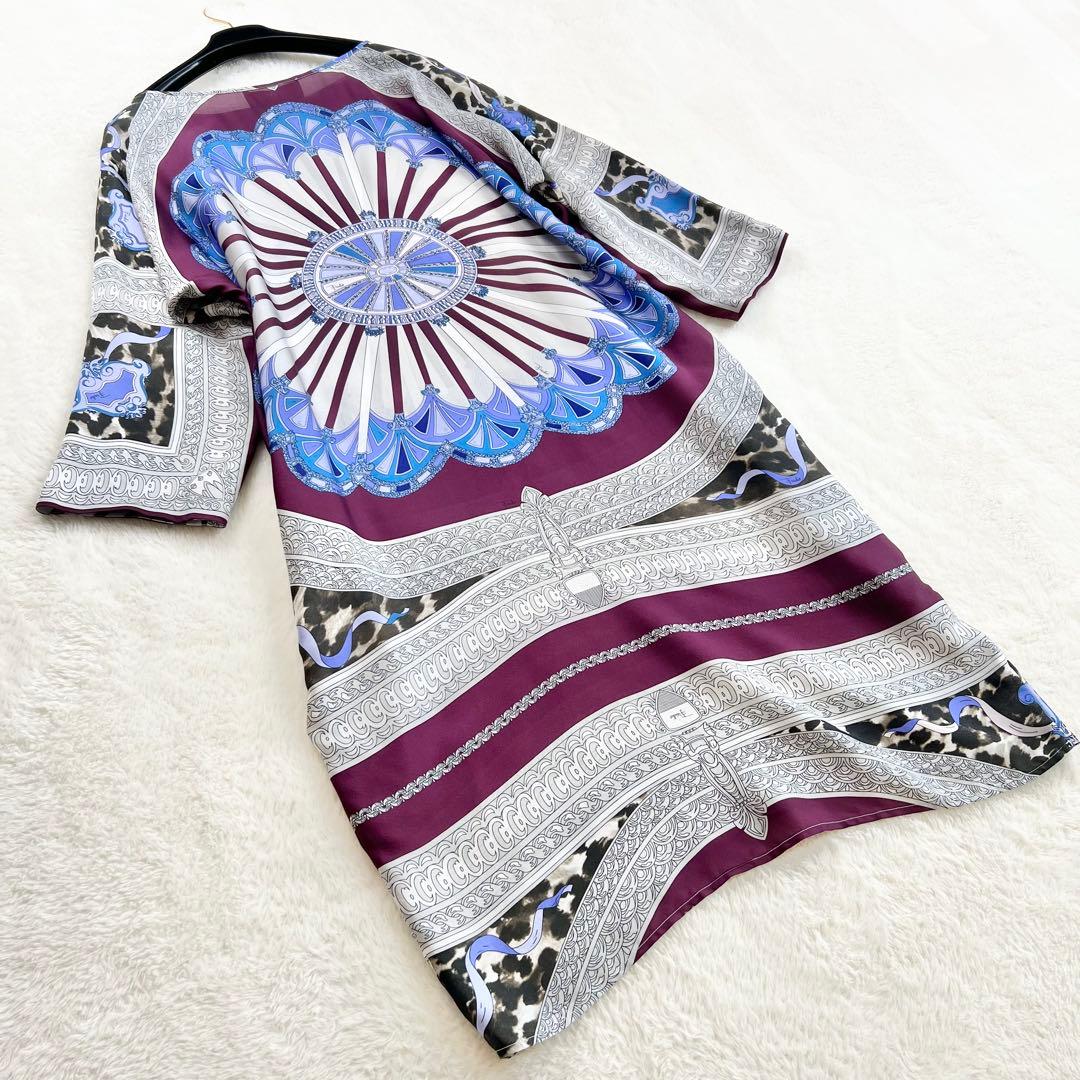 美品【エミリオプッチ】シルク総柄ワンピース☆プッチ柄☆七分袖☆上品☆春夏☆XL