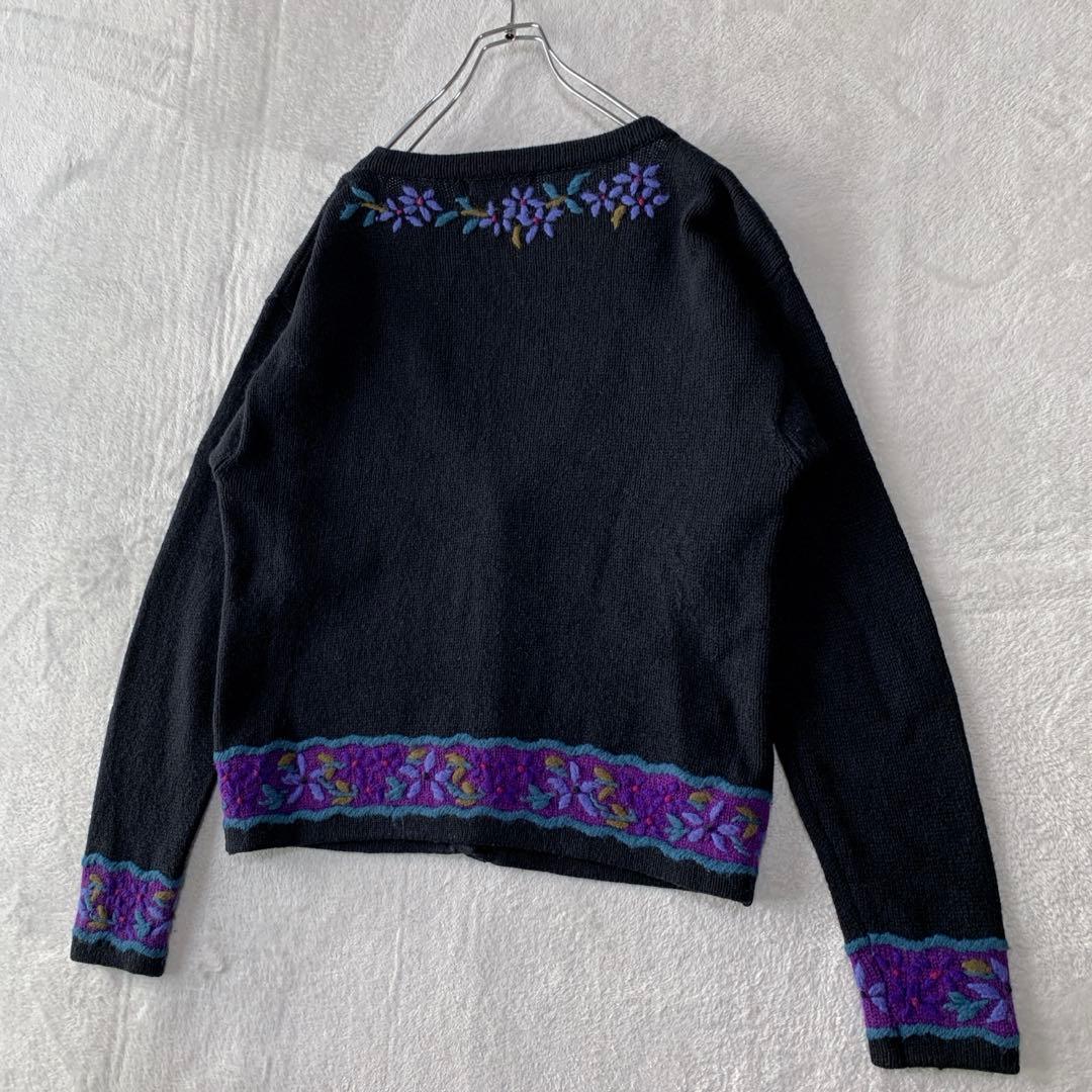希少 80s エルエルビーン ウール ニット カーディガン 花柄 刺繍 フラワー