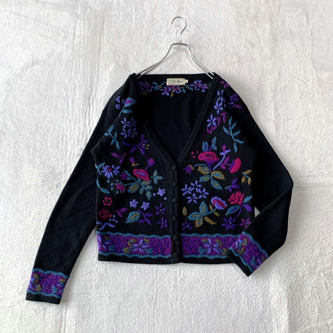 希少 80s エルエルビーン ウール ニット カーディガン 花柄 刺繍 フラワー