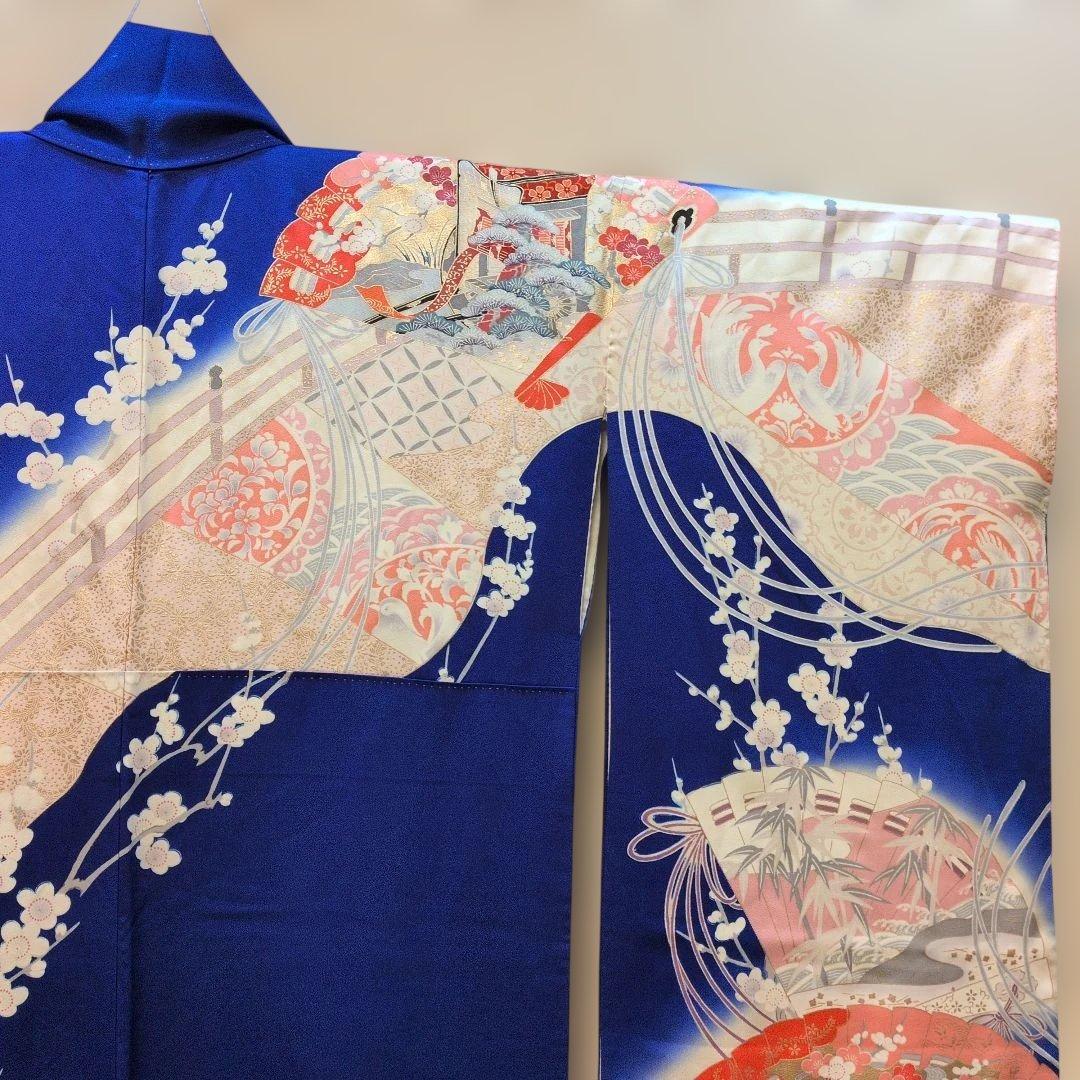 #MW24.成人正絹振袖青紫平安朝柄檜扇吉祥花文　暈し染め金彩逸品157cm