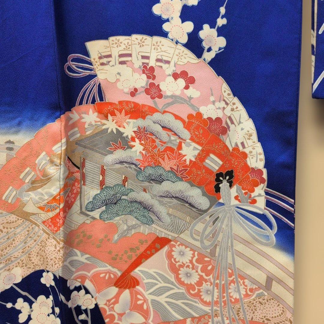 #MW24.成人正絹振袖青紫平安朝柄檜扇吉祥花文　暈し染め金彩逸品157cm