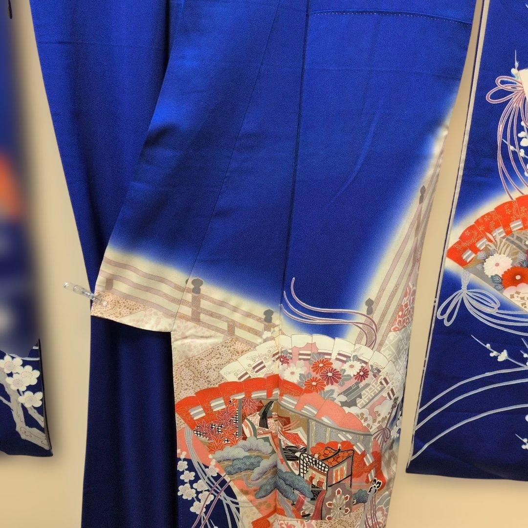 #MW24.成人正絹振袖青紫平安朝柄檜扇吉祥花文　暈し染め金彩逸品157cm
