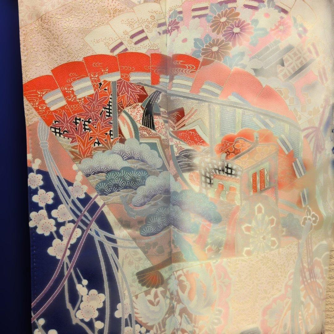 #MW24.成人正絹振袖青紫平安朝柄檜扇吉祥花文　暈し染め金彩逸品157cm