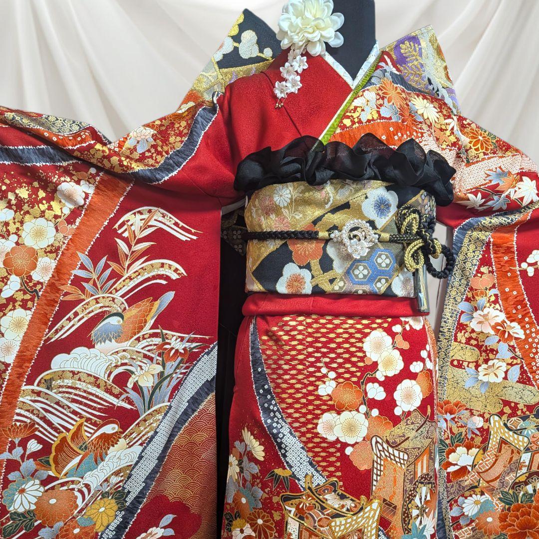 【大特価】振袖フルセット(7点)成人式・金駒刺繍・高級古典柄・金彩・高級手縫い