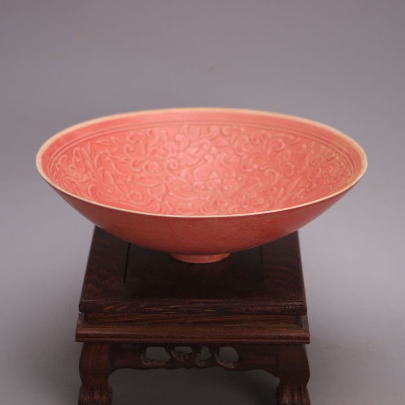 宋定窯紅釉鹿図笠碗  工芸品  美術品 置物