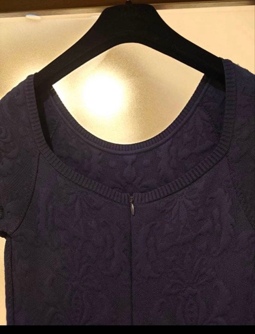 Sale CHANEL シャネル ネイビー ワンピース　ジャガード 膝丈　S