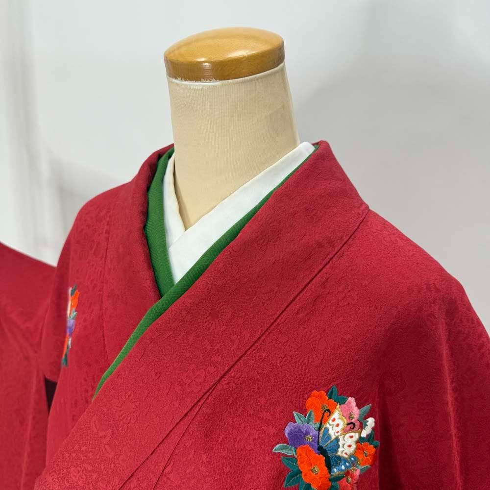 振袖 正絹 無地 赤 えんじ 花紋 古典 裄68㎝ 　成人式 中古 d108
