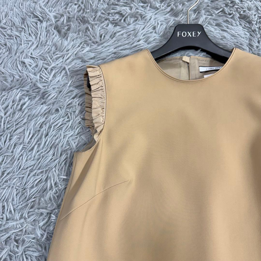 美品✨フォクシー ギャザーフリルドレス ふんわりワンピース グログランリボン