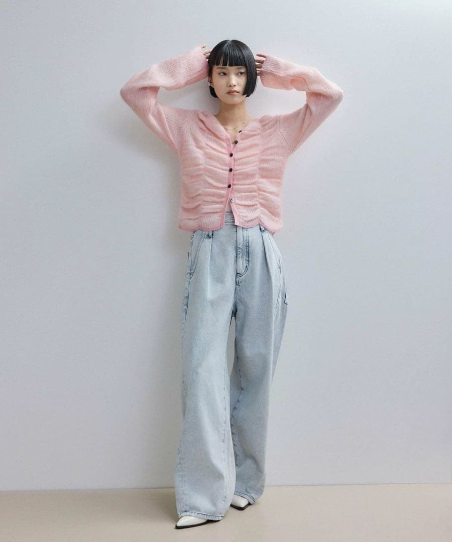 ピンク ダブルモヘアシャーリングカーディガン　アダムエロペ