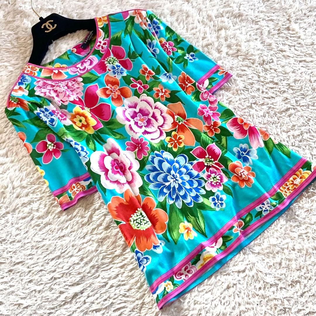 【極美品】レオナール ボタニカル フラワートリム Tシャツ カットソー 花柄 L