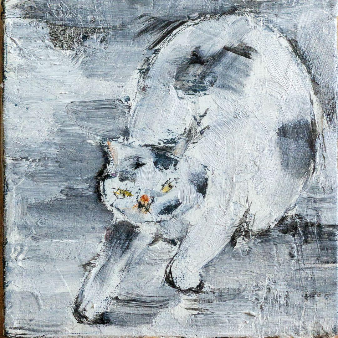 現代アート 猫 油絵 「凛、跳ぶ前。」