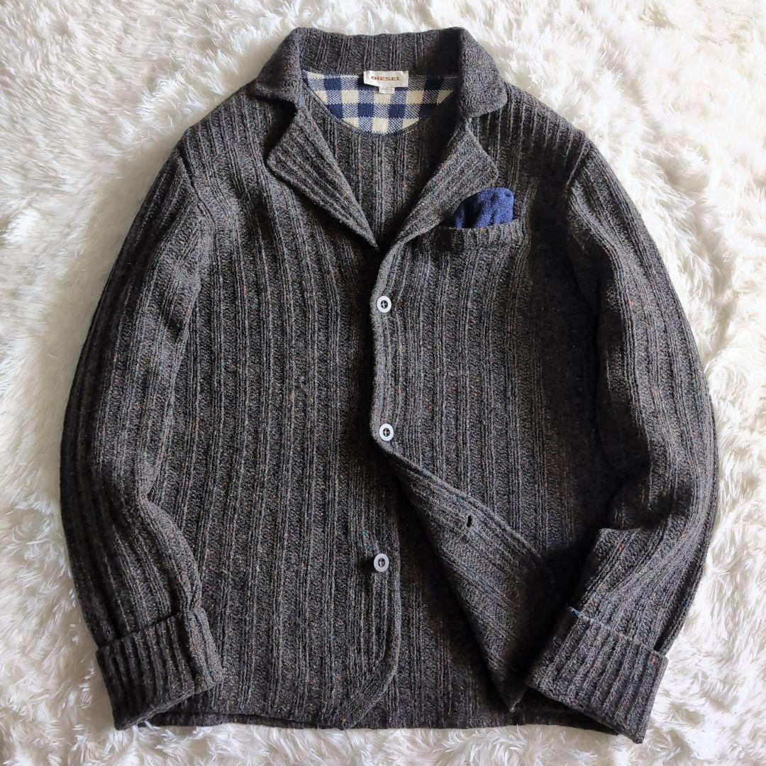 美品 ディーゼル カシミヤ混 ウール メランジ ニットジャケット L グレー