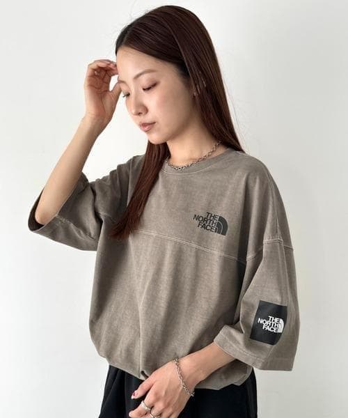 男女兼用／韓国限定 ノースフェイス ロゴ ステッチ Tシャツ ブラウン M