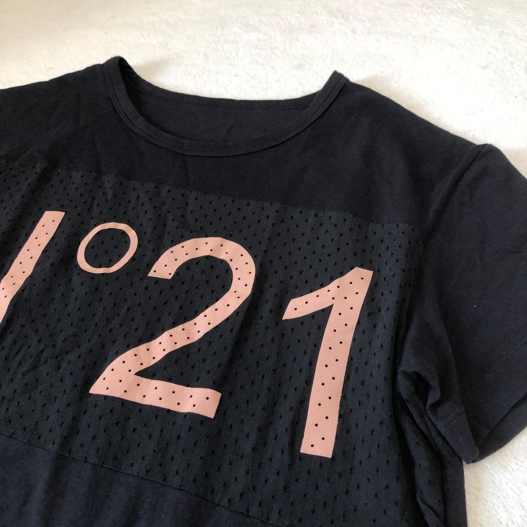 ヌメロヴェントゥーノ　黒Tシャツ　メッシュロゴ　ピンク　サイズL 半袖