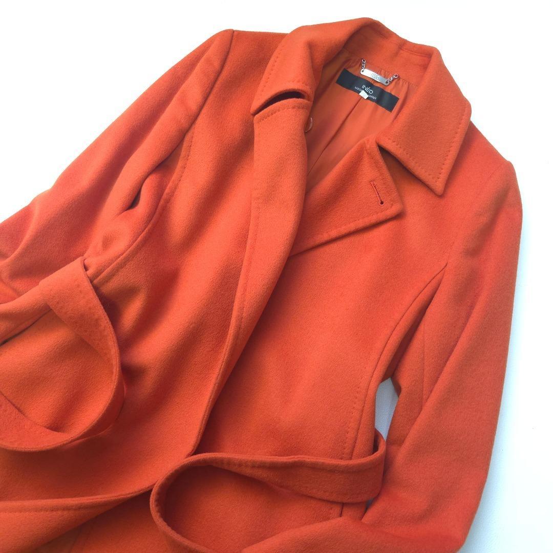 華やかカラー　イネド　アンゴラ　カシミヤ　ベルテッド　ロングコート　オレンジ