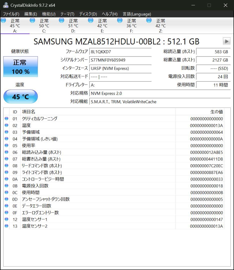 中古 M.2 NVMe SSD 512GB 2枚セット　1-2