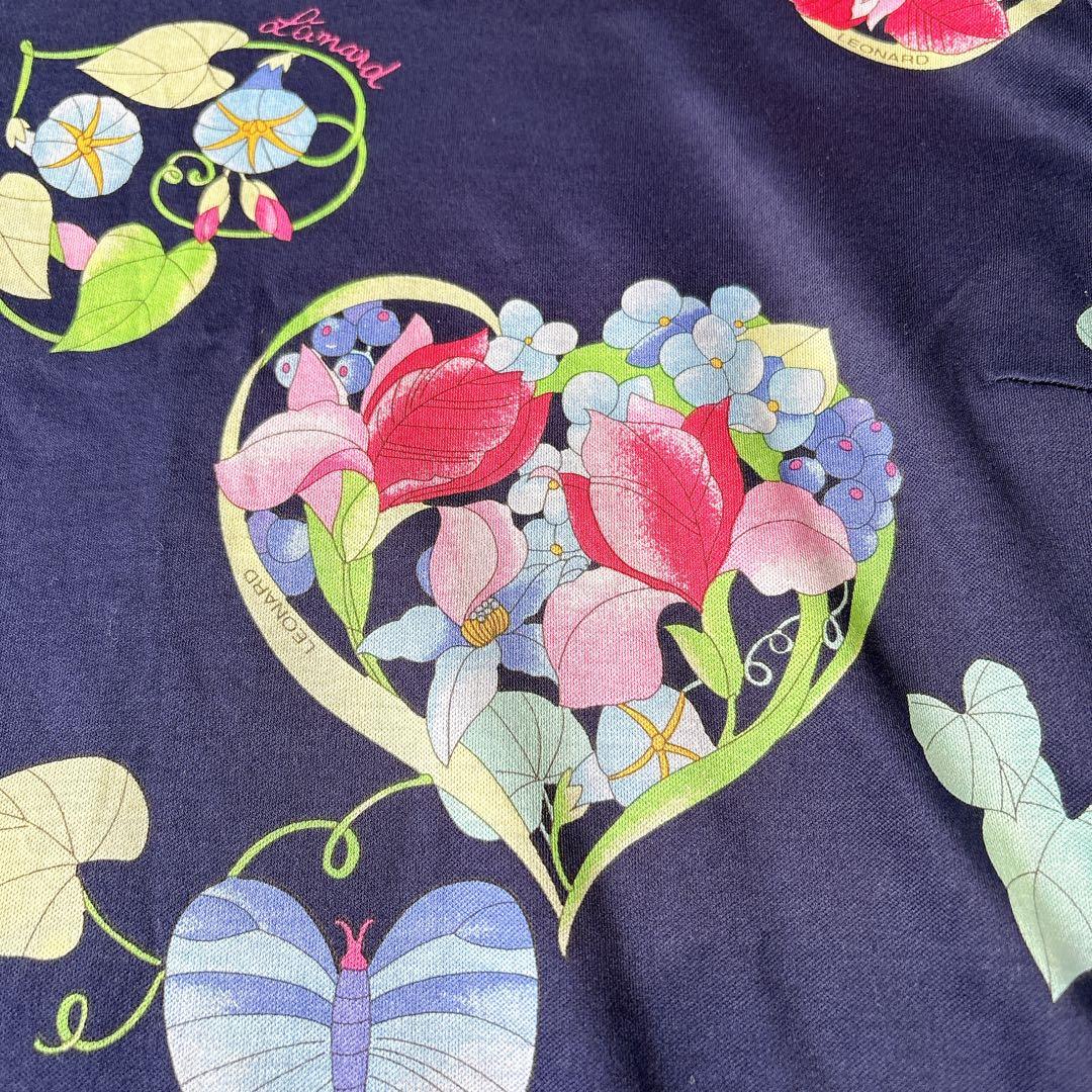 【良品】レオナール 花柄カットソー ロゴ刺繍 ネイビー 2XL コットン100