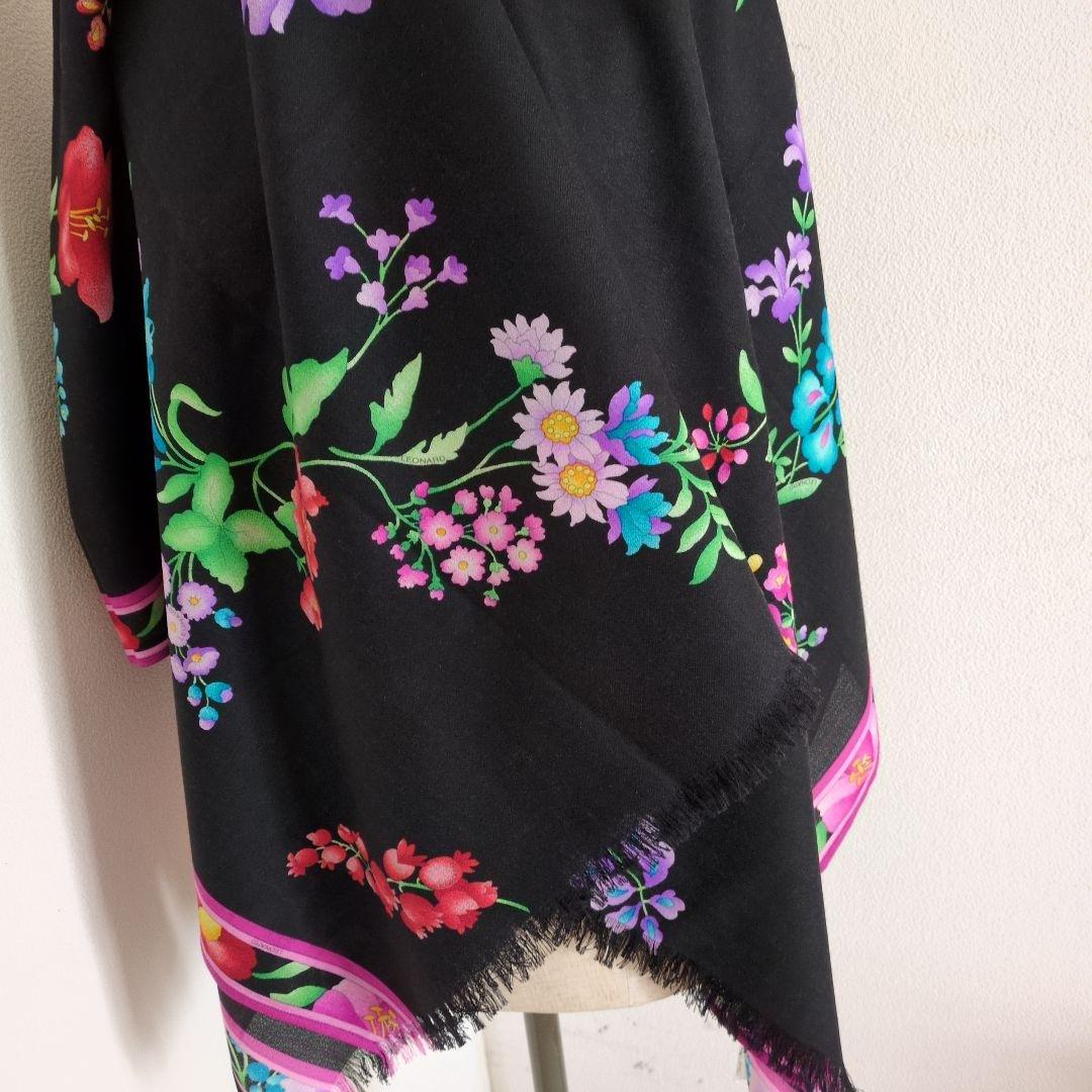 新品　大きいサイズ　花柄 黒 ストール　カシミヤシルクウール素材