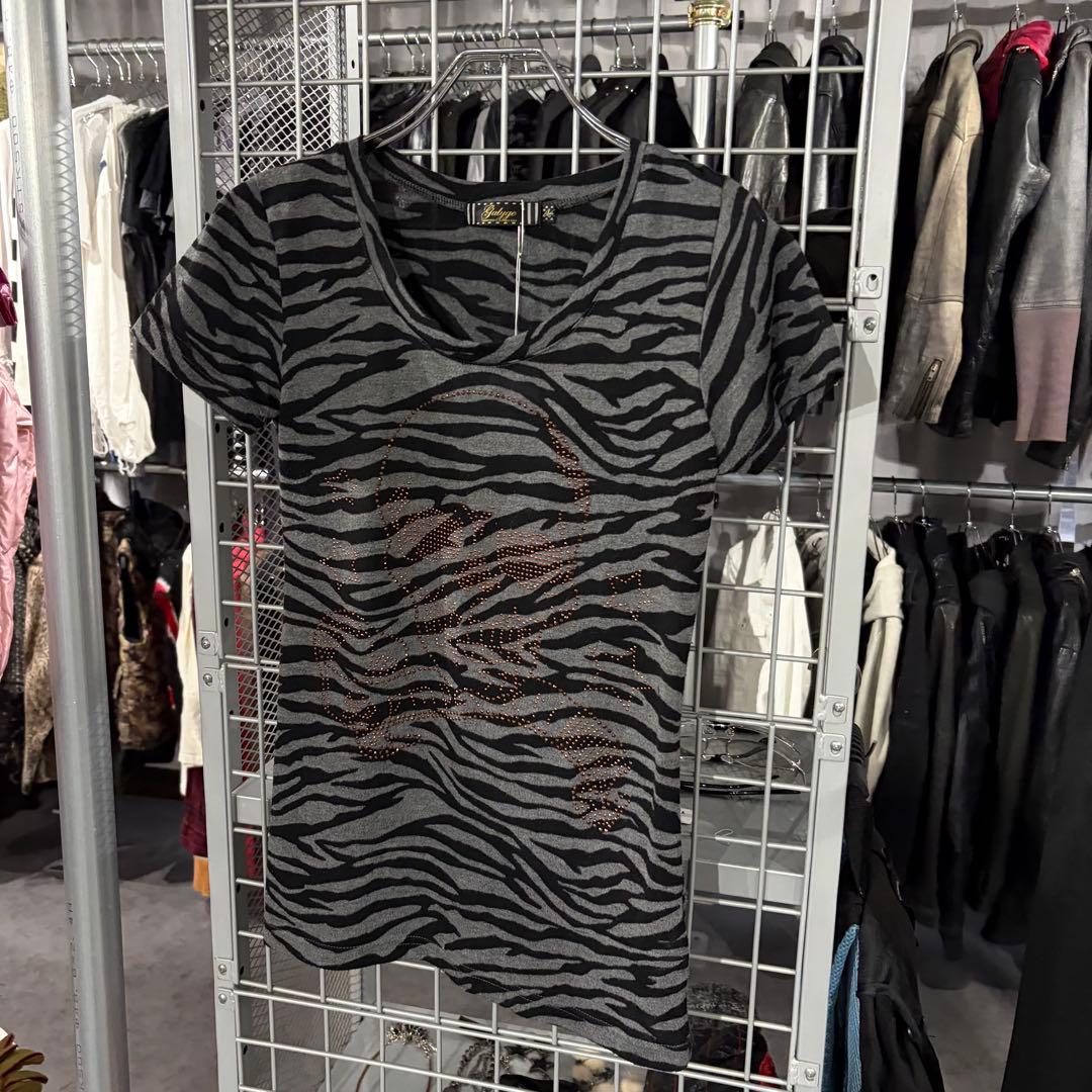 Y2K グランジ　ドクロ　ラメ　キラキラ　ゼブラ　ピチT 半袖　tシャツ