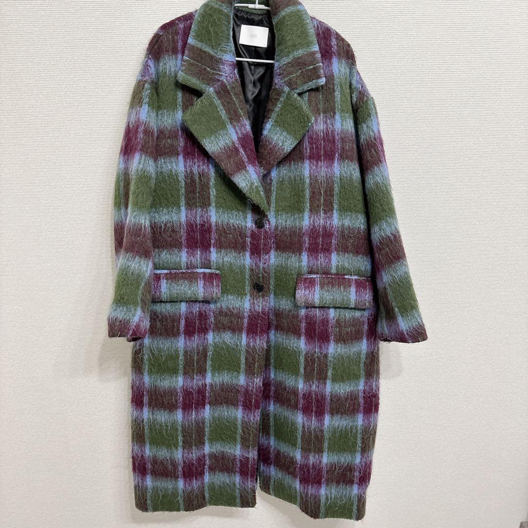 ハレ　HARE チェックシャギーコート　ウール混　ロングコート