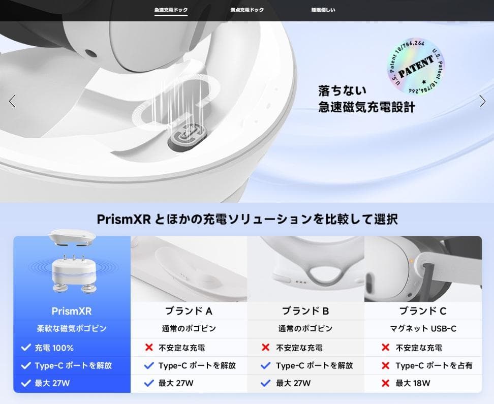 PRISMXR　VR用充電ドック　バッテリー2個付属　Quest3と互換性あり