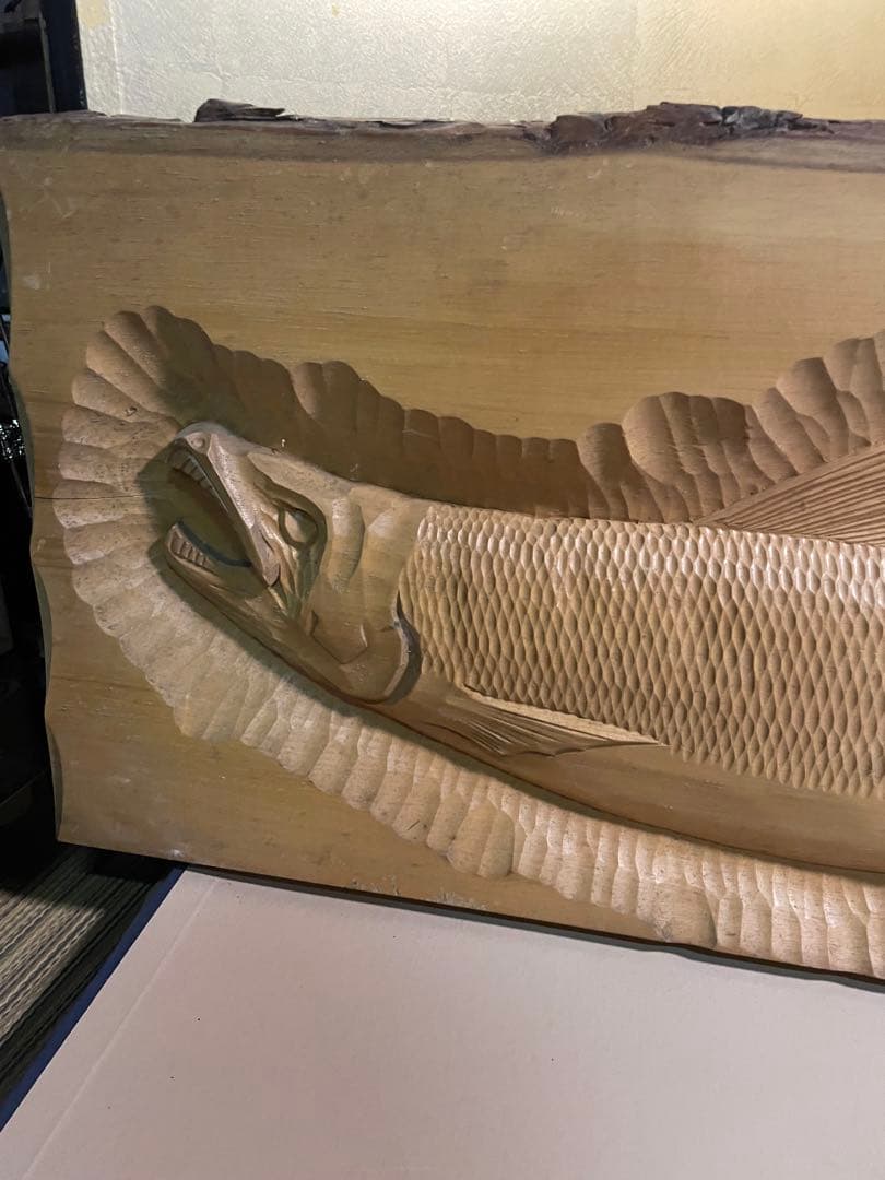 大型　希少 80年代 工芸品 大高民芸 光司作 木彫り 鮭 昭和　北海道 壁掛け