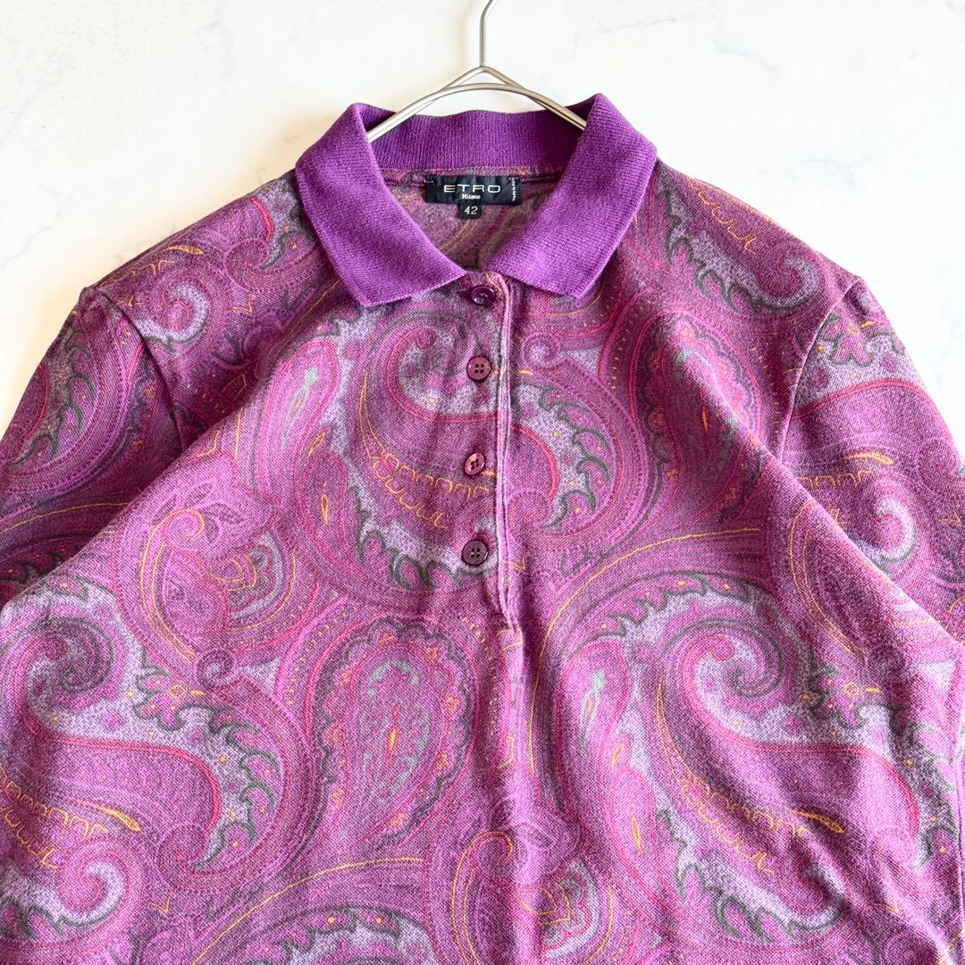 ETRO エトロ ペイズリー 長袖ポロシャツ ロゴボタン 総柄 42 洗濯機可能