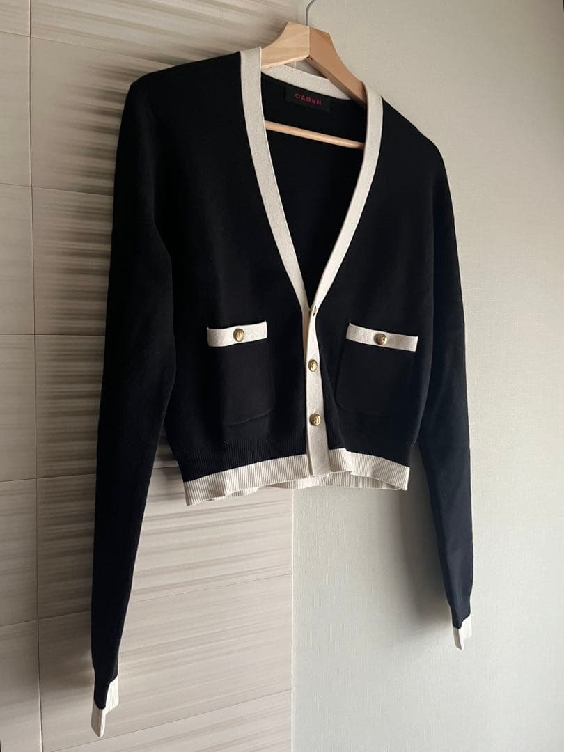 ギャバン CABaN コットンカシミヤ バイカラーVネックカーディガン 黒×白