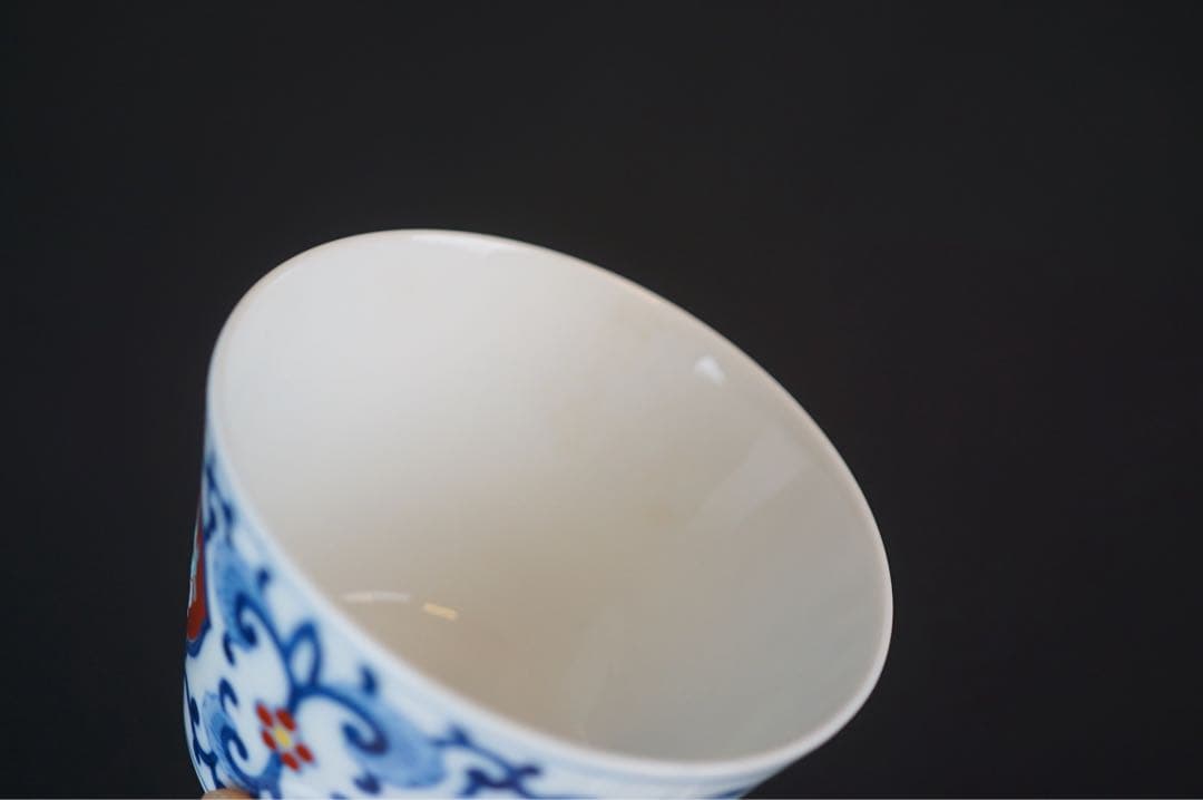有田焼 肥前皿山 幸右衛門 作 染錦 唐花画 台付 蒸碗5客 共箱 懐石料理道具