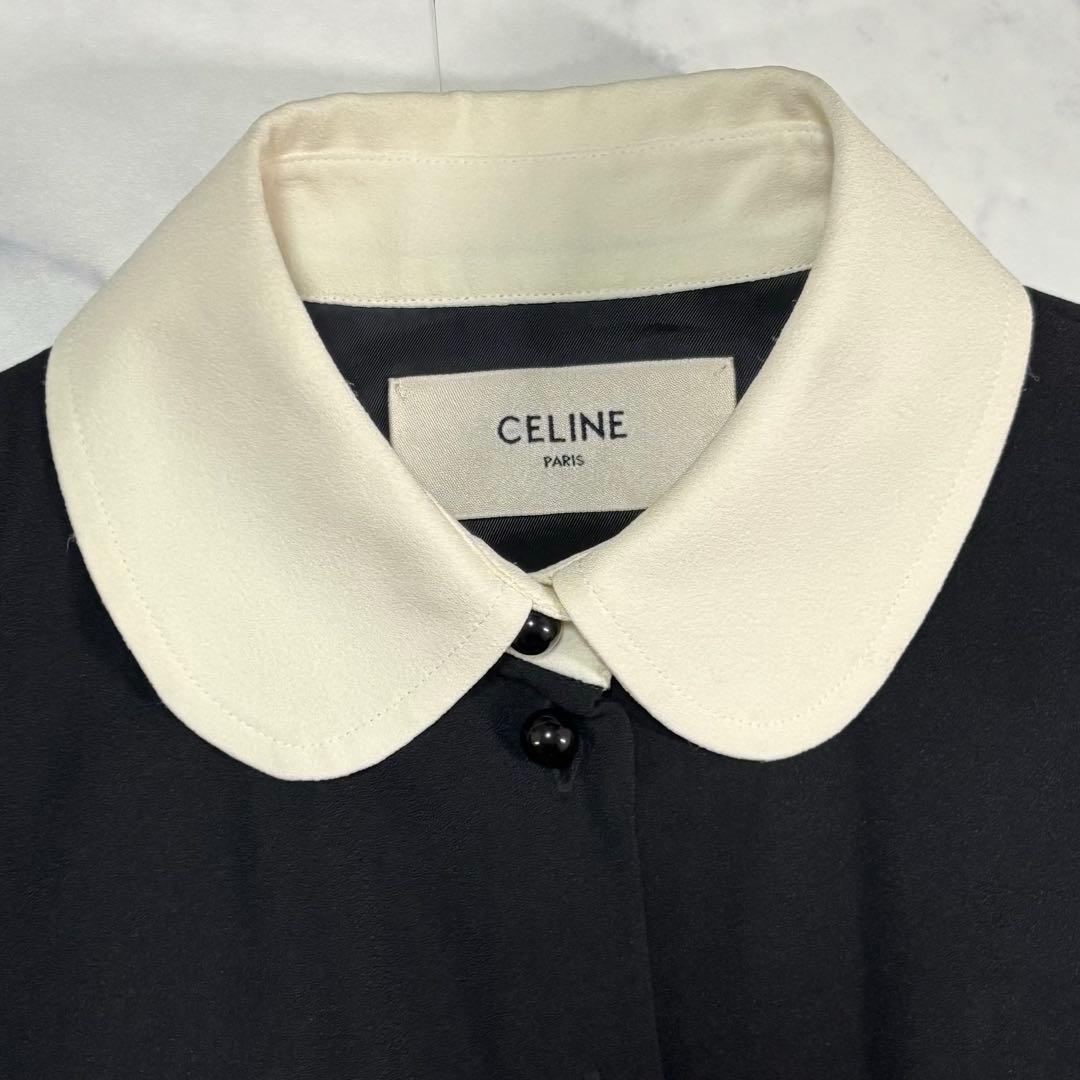 CELINE エディ期 ワンピース 38フランス製ブラック×ホワイト襟付き正規品