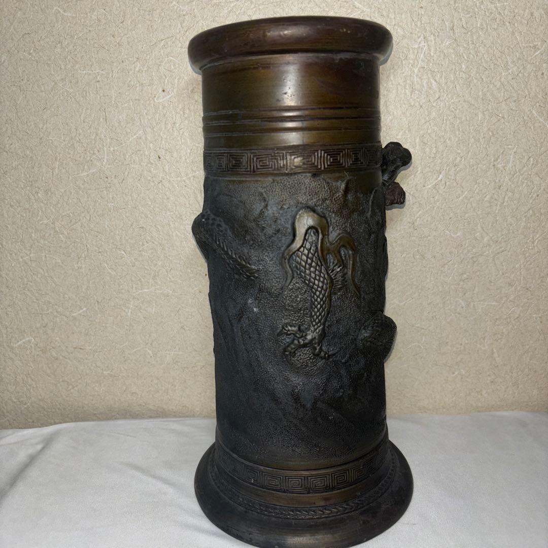 置物 花器 花入 細工盤龍図 時代物 骨董品 高さ:32cm