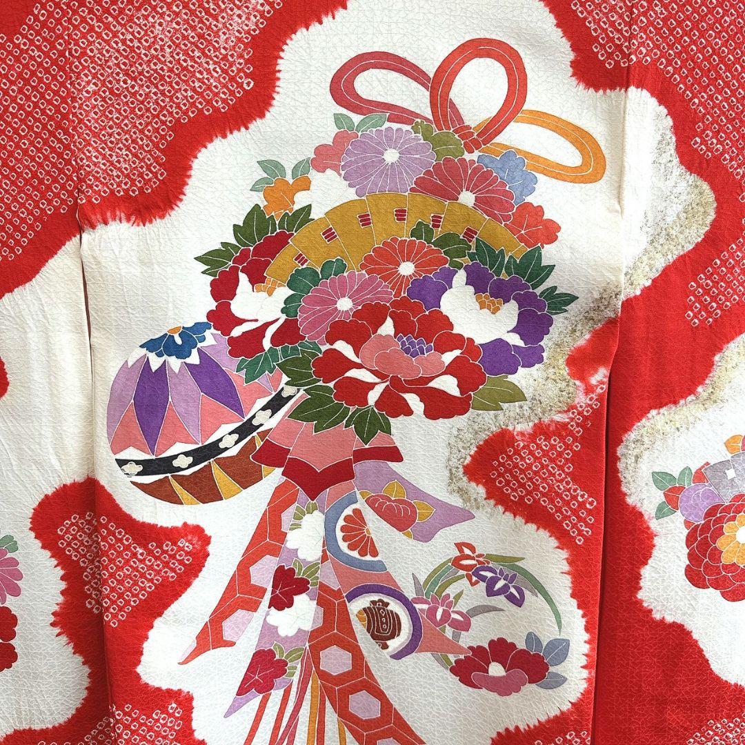 美品　お宮参り　産着　祝着　初着　0歳　女の子　赤　しぼり　長襦袢なし7015
