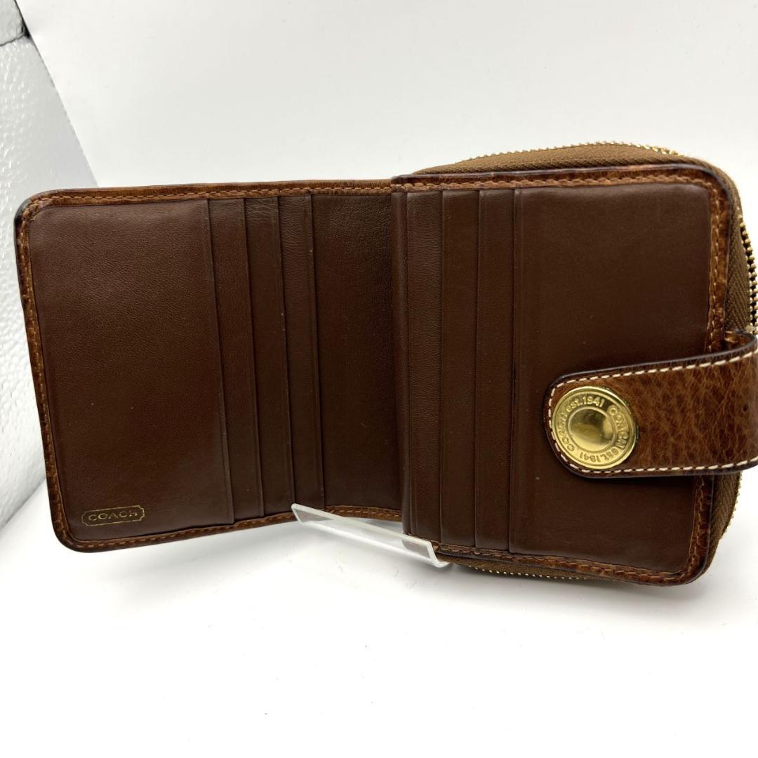 良品 コーチ★2つ折ホックミドルウォレット 折財布 シグネチャーデニム 紺＆茶