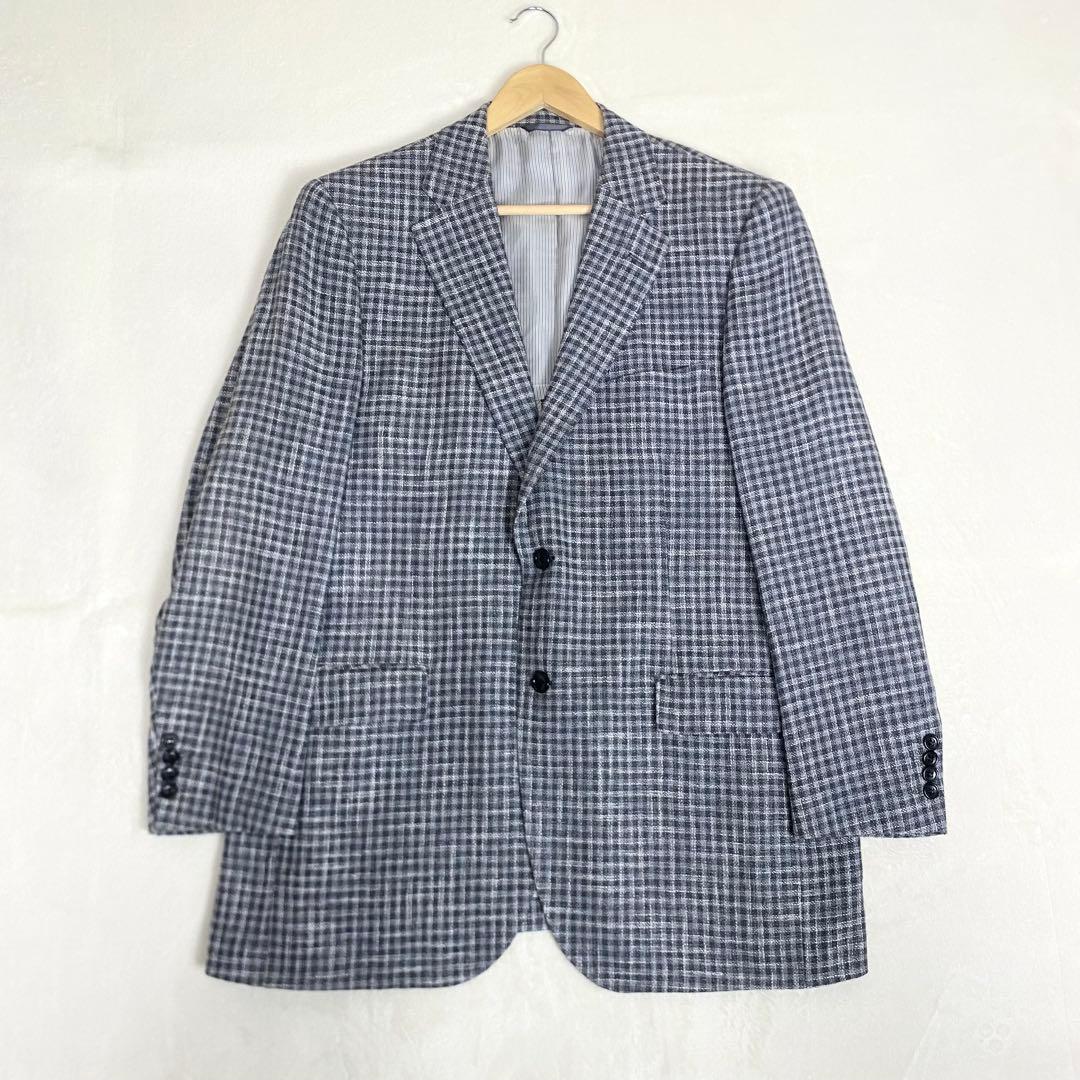 近年 美品　ゼニア　テーラードジャケット　シルク　リネン　グレー　チェック　XL