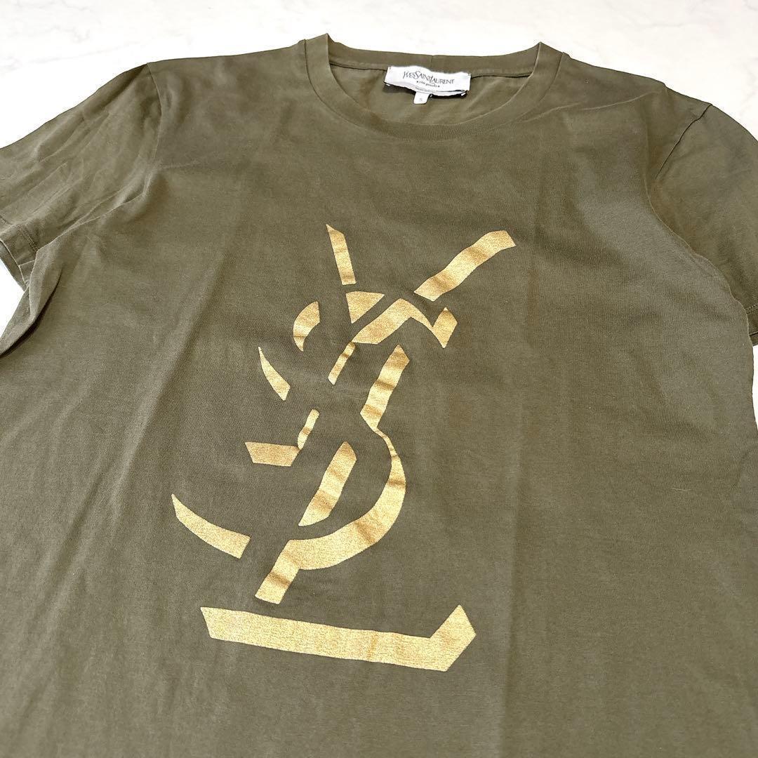 極美品 イヴサンローランTシャツ カーキ ゴールドロゴ イタリア製