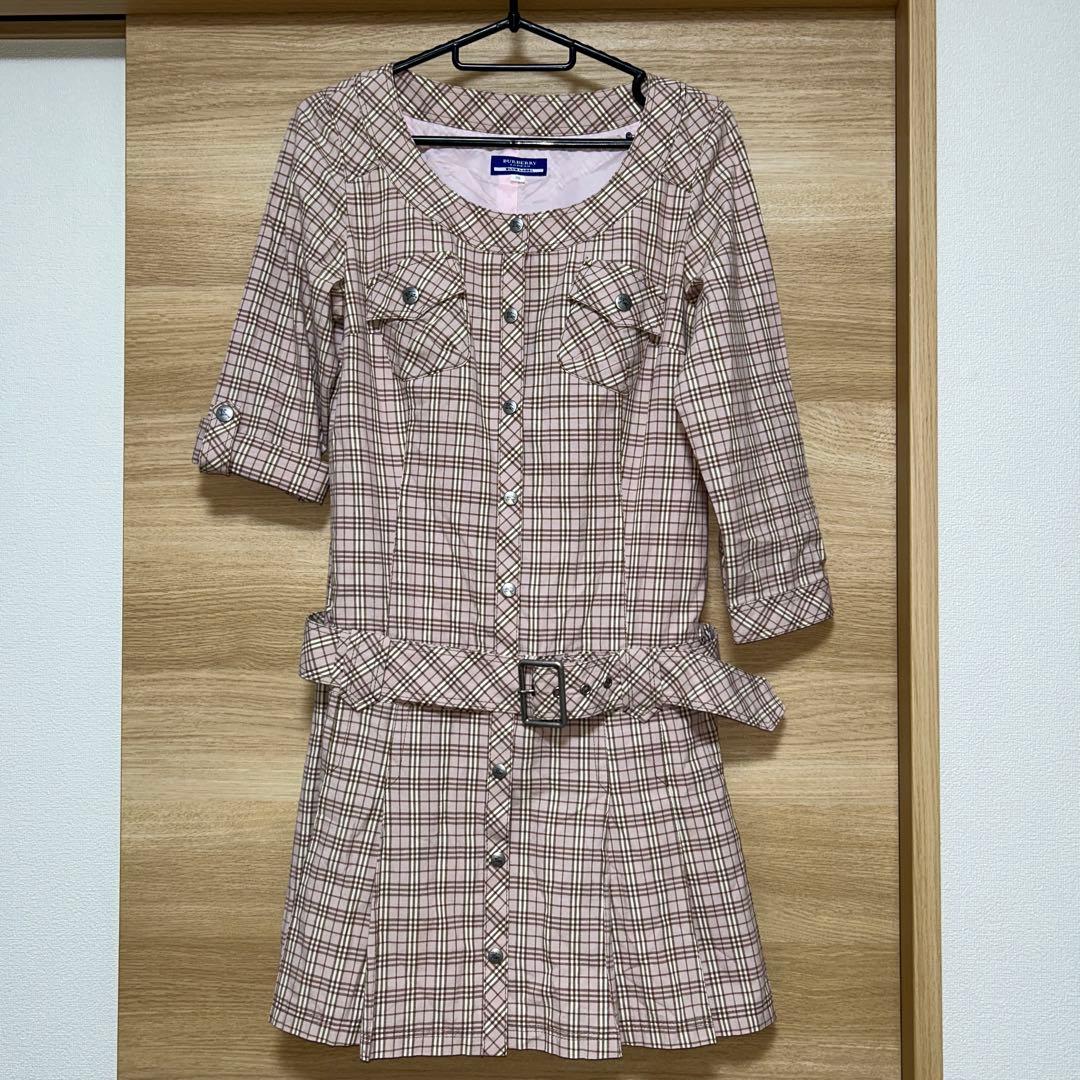 バーバリーブルーレーベル　ノバチェック　プリーツ　シャツワンピース　ピンク