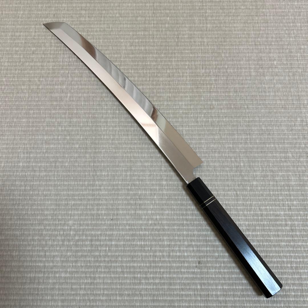 鏡面　本焼　先丸　柳刃　包丁　和包丁　V金10号　鬼反り　黒檀黒水牛八角柄　新品