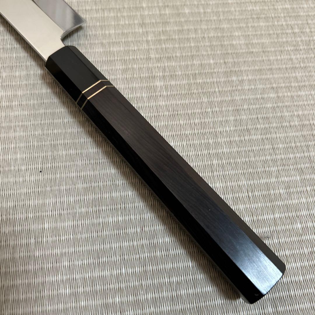 鏡面　本焼　先丸　柳刃　包丁　和包丁　V金10号　鬼反り　黒檀黒水牛八角柄　新品