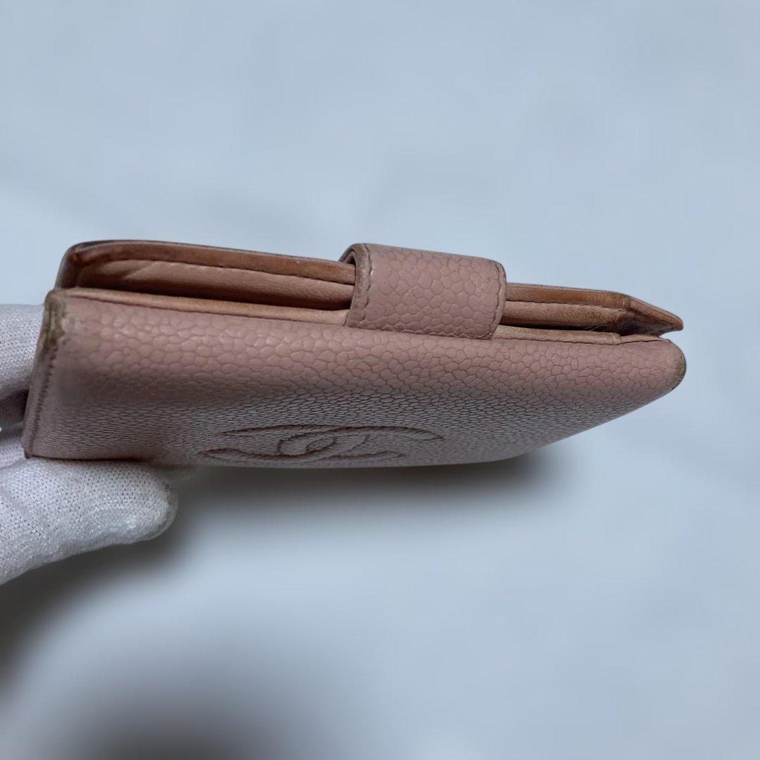 CHANEL 二つ折り財布★ココマーク.キャビアスキン.ピンク.Wホック.レザー