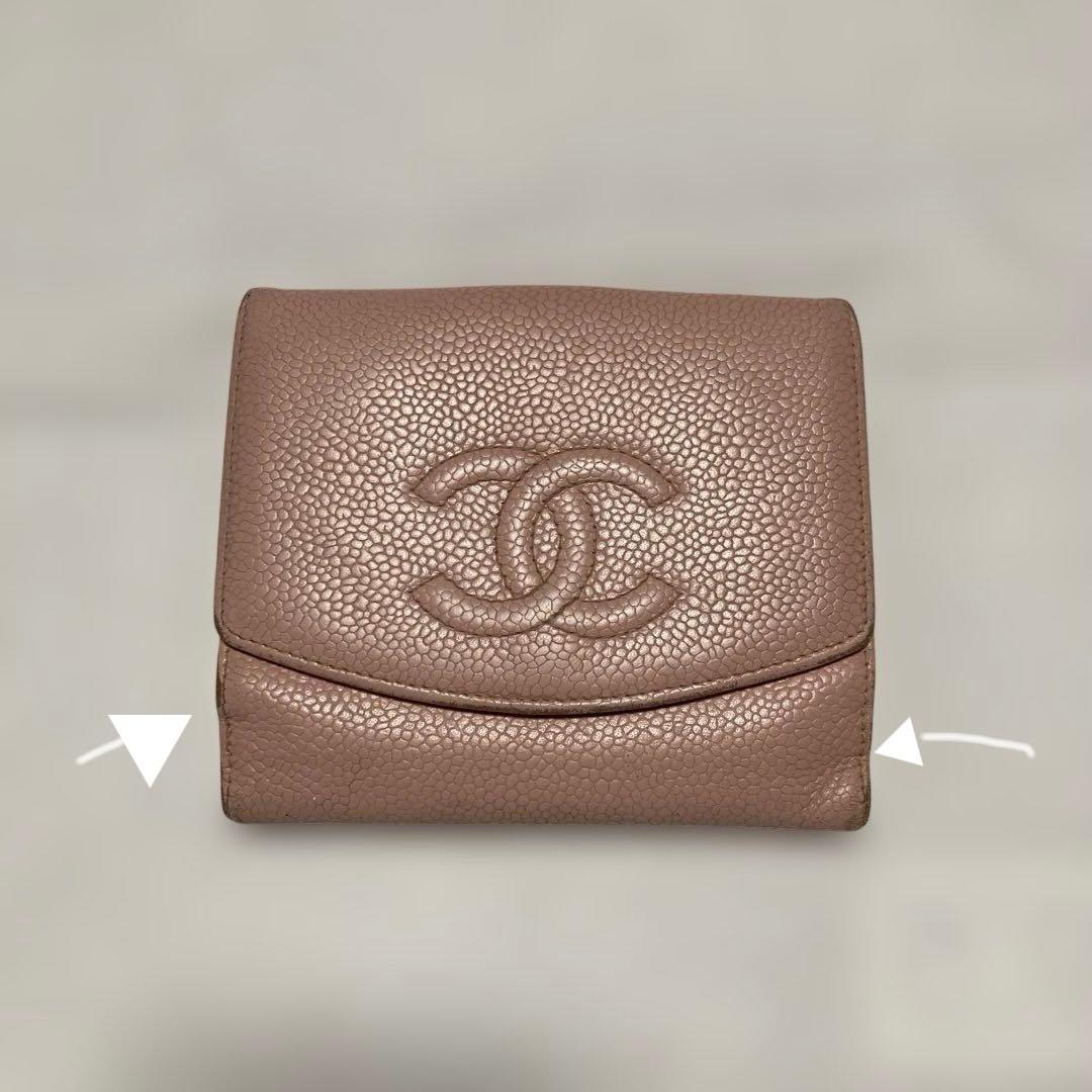 CHANEL 二つ折り財布★ココマーク.キャビアスキン.ピンク.Wホック.レザー