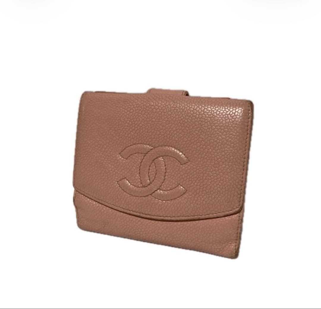 CHANEL 二つ折り財布★ココマーク.キャビアスキン.ピンク.Wホック.レザー