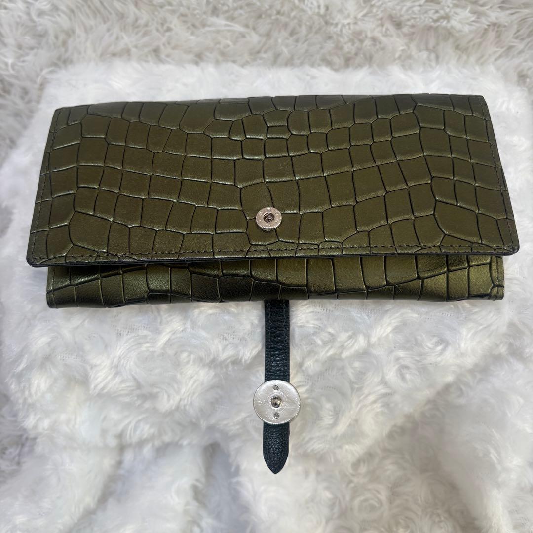 【希少美品】クーガ 二つ折り長財布 クロコ型押し シャイニンググリーンカラー