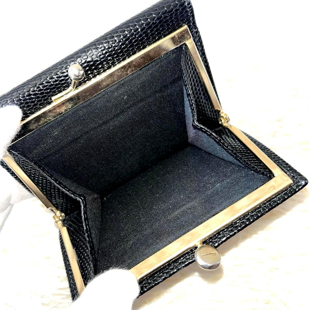 ェラガモ 三つ折り財布 ブラック ヴァラリボン がま口 レザー 正規品 極美品