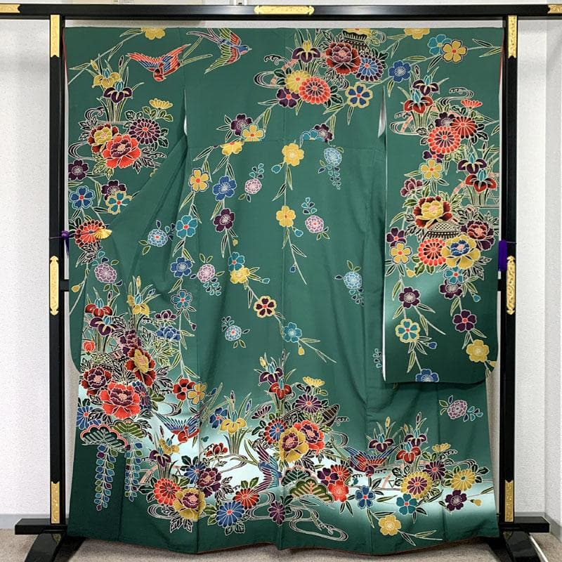 601z22,208y8,小物類〇紅型振袖 牡丹 菖蒲 菊 桜 緑